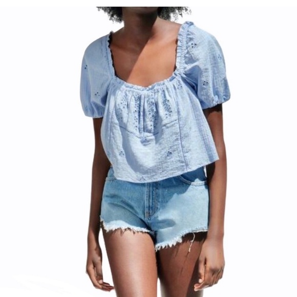 Zara Openwork Eyelet Puff Sleeve Top Size Small - Picture 2 of 11
